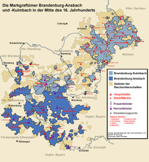 Karte der Markgraftümer Ansbach und Bayreuth mit ihren wichtigsten Orte.